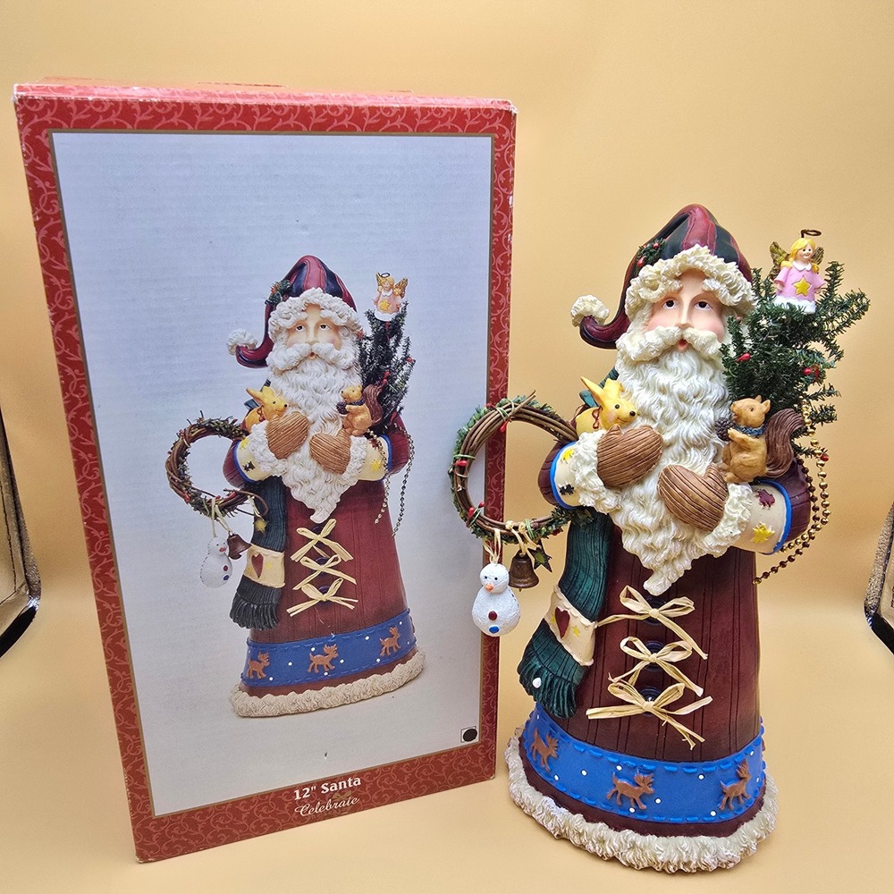 Celebrate the Season 12 Inch Santa Figurine Woodland Forest Animals Wreath Resin